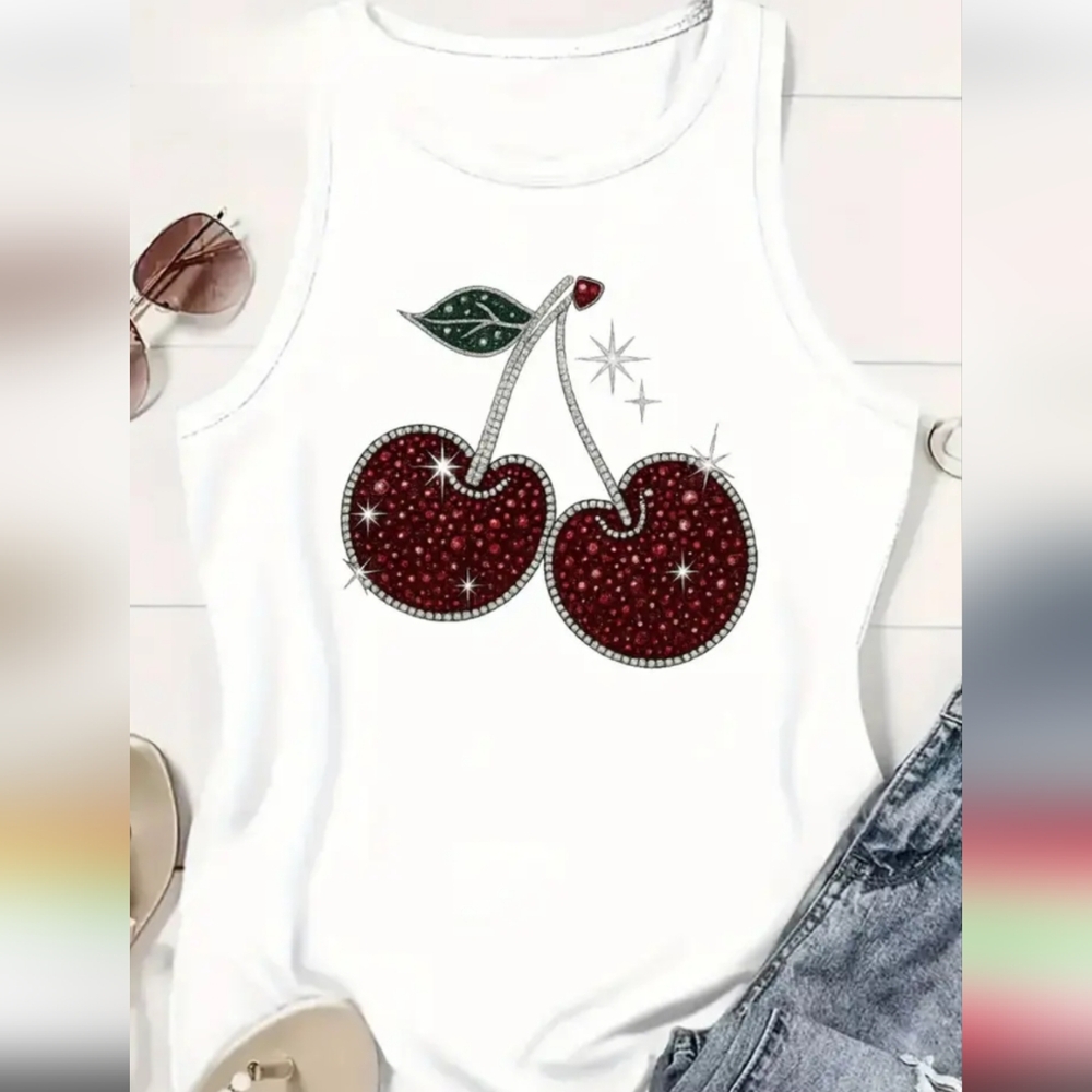 White Cherry Embellished Tank Top